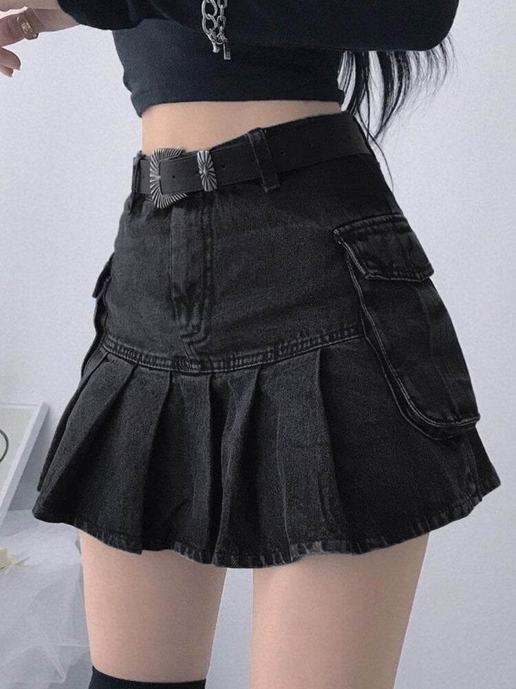 black pleated denim skirt