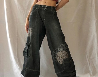 Retro Graphic Print Y2K Baggy Jeans Grunge Fairycore High Waist Cargo Denim Trousers Streetwear Casual Sweatpants
