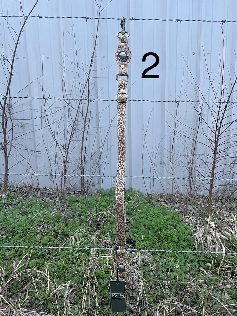 May include: A tan and brown patterned dog leash with a silver clasp and decorative accents. The leash features a floral design and a tag that reads "Myra Bag". The number "2" is visible in the background.