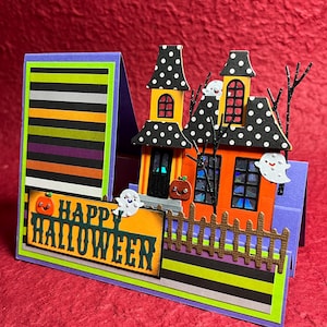Stair Stepper Karte, Halloween Karte, Gruselige Karte, Geister Karte, Haunted House Karte, Happy Halloween Karte, süße Kürbisse, Blanko Grußkarte