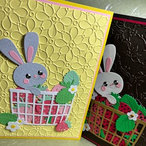 Lapin avec des fraises, Carte de lapin, Carte de fraises, Carte en relief, Points acryliques, Carte, Lapin, Carte de voeux mignon lapin, Carte de tous les jours