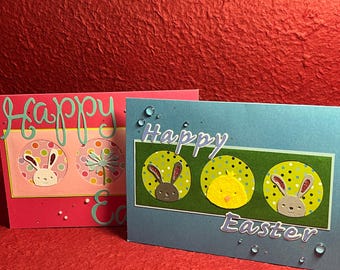Handgemaakte paaskaart: Bunny & Chick met cadeaukaartje