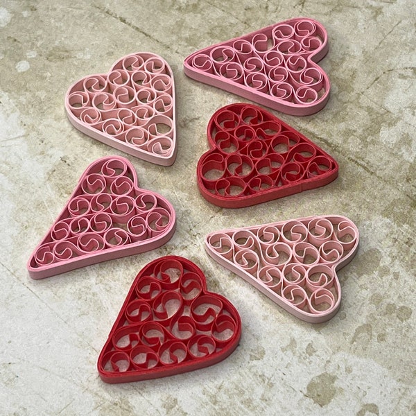 6 Quilled Hearts, Paper Hearts, Scrapbooking Embellishment, Card Embellishment, Heart Ornament, Pink Heart, Fancy Heart, Valentine Heart