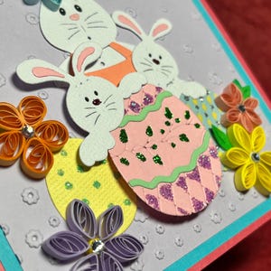 Osterkarte, Hasenkarte, Karotten Quilling, Blumen Quilling, Osterkarte mit Prägung, Handgefertigte Karte, Osterhasenkarte, Hase mit Eiern