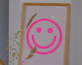 Riso Print "Smile" Neon Pink, Art Print, Risograph Print DIN A4