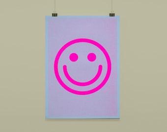 Riso Print "Smile" Neon Pink, Art Print, Risograph Print DIN A5