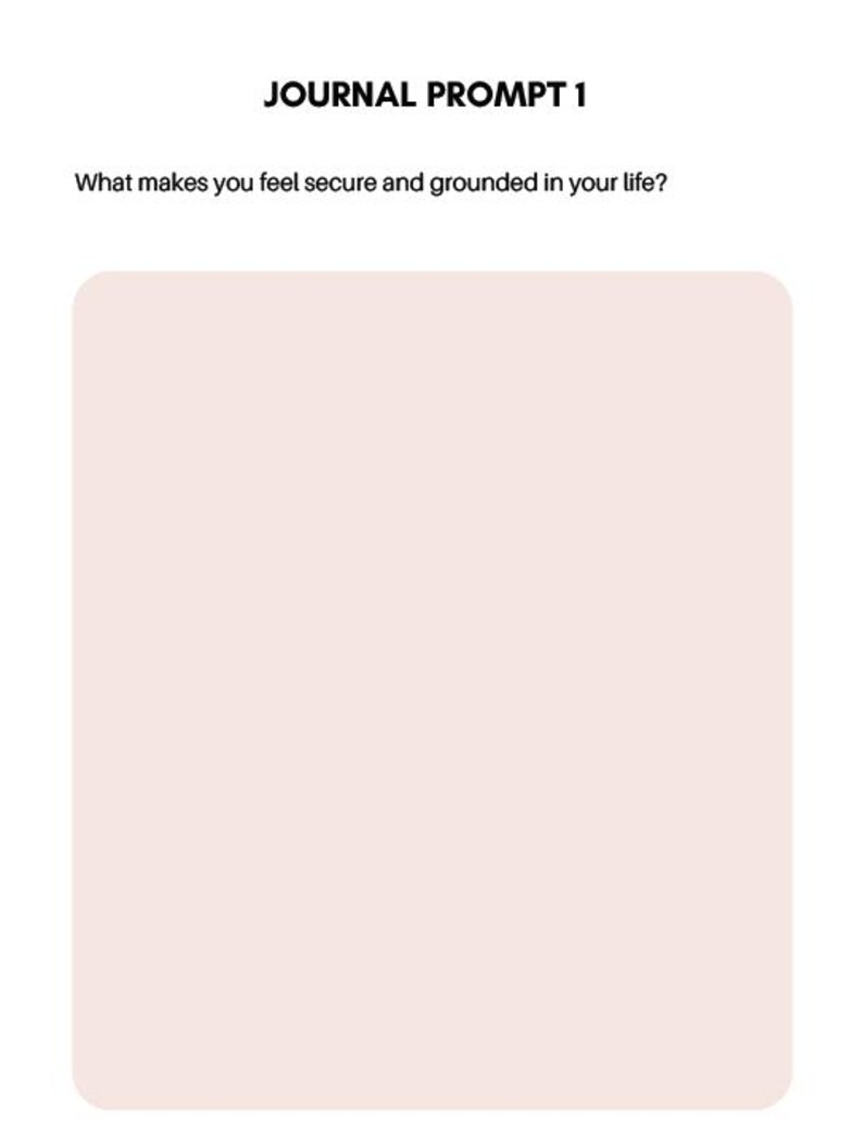 K&ouml;nnte beinhalten: Eine Journalseite mit dem Text "JOURNAL PROMPT 1" und der Frage "Was gibt Ihnen das Gef&uuml;hl von Sicherheit und Geborgenheit in Ihrem Leben?" Die Seite hat einen hellrosa Hintergrund mit abgerundeten Ecken.