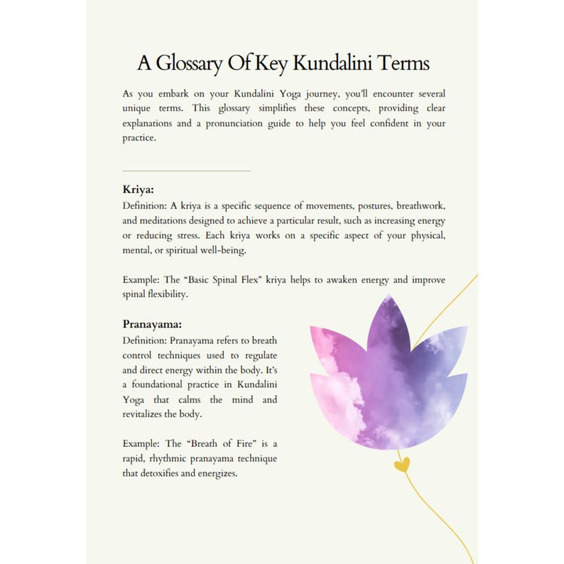 K&ouml;nnte beinhalten: Ein Glossar wichtiger Kundalini-Yoga-Begriffe mit einer Illustration einer lila und rosa Lotusblume. Der Text erkl&auml;rt die Definitionen von Kriya und Pranayama.