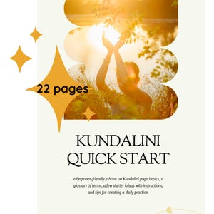 K&ouml;nnte beinhalten: Ein gelber und wei&szlig;er digitaler Download-Umschlag mit dem Text "22 Seiten" und "Kundalini Quick Start". Das Cover zeigt die Silhouette einer Person mit erhobenen Armen vor einem Sonnenuntergang.