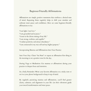 K&ouml;nnte beinhalten: Eine Textseite mit dem Titel "Anf&auml;ngerfreundliche Affirmationen". Der Text beschreibt, wie man Affirmationen verwendet, um inneren Frieden und Selbstvertrauen zu kultivieren. Er enth&auml;lt eine Liste von Affirmationen, die man ausprobieren kann, und schl&auml;gt vor, wie man sie in seinen Tagesablauf integrieren kann.