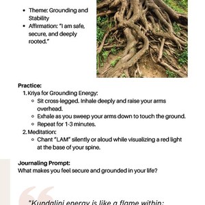 K&ouml;nnte beinhalten: Eine Seite aus einem Ratgeber zu Wurzelchakra (Muladhara)-Praktiken. Das Bild enth&auml;lt Text &uuml;ber Erdung, Stabilit&auml;t und Affirmationen. Rechts befindet sich ein Foto von Baumwurzeln. Der Text enth&auml;lt Anweisungen f&uuml;r Kriya und Meditation.