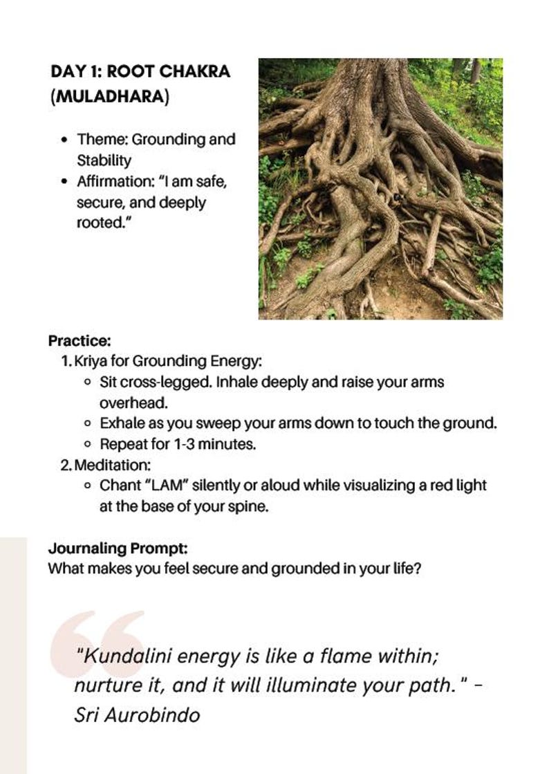 K&ouml;nnte beinhalten: Eine Seite aus einem Ratgeber zu Wurzelchakra (Muladhara)-Praktiken. Das Bild enth&auml;lt Text &uuml;ber Erdung, Stabilit&auml;t und Affirmationen. Rechts befindet sich ein Foto von Baumwurzeln. Der Text enth&auml;lt Anweisungen f&uuml;r Kriya und Meditation.