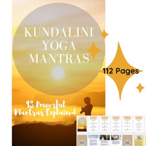 Könnte beinhalten: Buchcover mit dem Titel "KUNDALINI YOGA MANTRAS" über einem Sonnenuntergangsbild. Das Cover enthält auch die Aufschrift "13 Powerful Mantras Explained" und "112 Pages". Eine Silhouette einer meditierenden Person ist ebenfalls sichtbar.