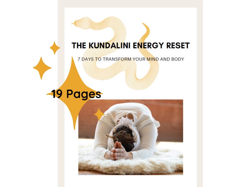 K&ouml;nnte beinhalten: Titelbild eines digitalen Produkts mit dem Titel "The Kundalini Energy Reset" und dem Untertitel "7 Days to Transform Your Mind and Body". Eine goldene Schlangengrafik und eine Person in einer Yoga-Pose sind ebenfalls abgebildet. Auf dem Cover steht "19 Seiten".