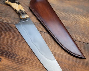 Hand forged chef&#39;s knife with leather sheath