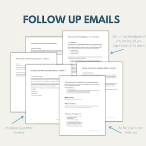 May include: A collage of images with text about follow-up emails for cleaning services. The text includes tips on when to send emails, who to send them to, and subject lines to use. The text also mentions the benefits of following up with customers, such as increasing customer reviews and referrals.