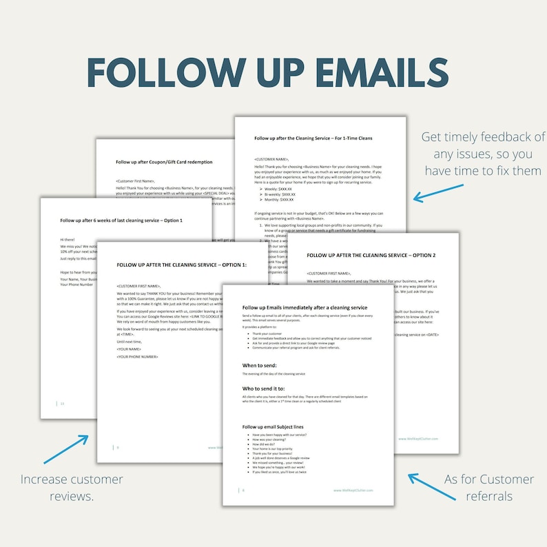 May include: A collage of images with text about follow-up emails for cleaning services. The text includes tips on when to send emails, who to send them to, and subject lines to use. The text also mentions the benefits of following up with customers, such as increasing customer reviews and referrals.
