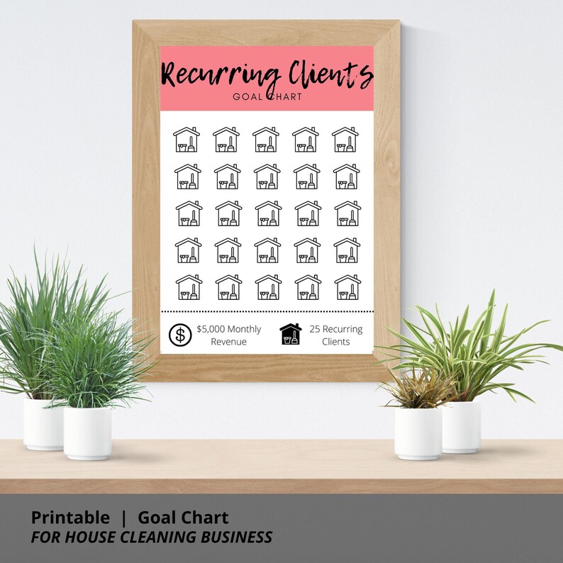 May include: A printable goal chart for a house cleaning business. The chart features 25 house icons to represent clients. The chart also includes the text "Recurring Clients" and "Goal Chart".
