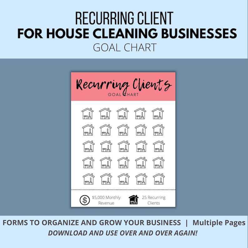 May include: A pink and white goal chart for house cleaning businesses. The chart features 36 icons of houses with brooms and mops, representing recurring clients. The chart also includes text that says "Recurring Clients Goal Chart", "&pound;5,000 Monthly Revenue", and "25 Recurring Clients".
