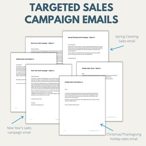 May include: A collage of different email campaign options for a house cleaning service. The options include New Year's, Spring Cleaning, and Holiday sales campaigns. The text in the image includes the words "Targeted Sales Campaign Emails".