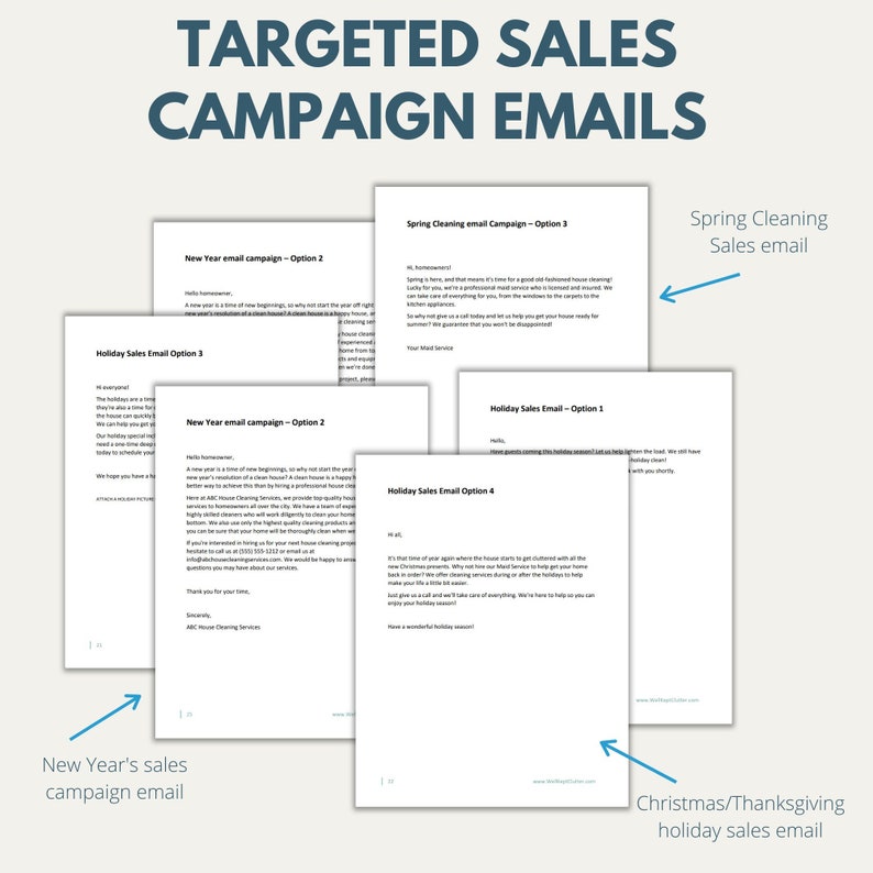 May include: A collage of different email campaign options for a house cleaning service. The options include New Year's, Spring Cleaning, and Holiday sales campaigns. The text in the image includes the words "Targeted Sales Campaign Emails".