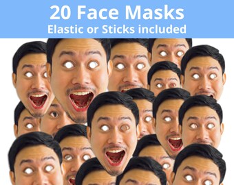 20 PACK Personalised Custom Photo Face Masks - Bachelor Party DIY Self Assembly Kit - Elastic or Sticks