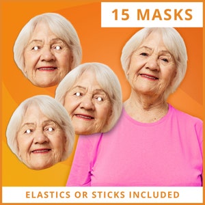 15 PACK Personalised Custom Photo Face Masks - Hen Do, Stag Do, Birthday Party - DIY Self Assembly Kit - Elastic or Sticks