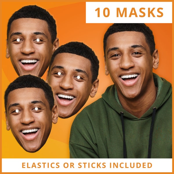 10 PACK Personalised Custom Photo Face Masks - Hen Do, Stag Do, Birthday Party - DIY Self Assembly Kit - Elastic or Sticks