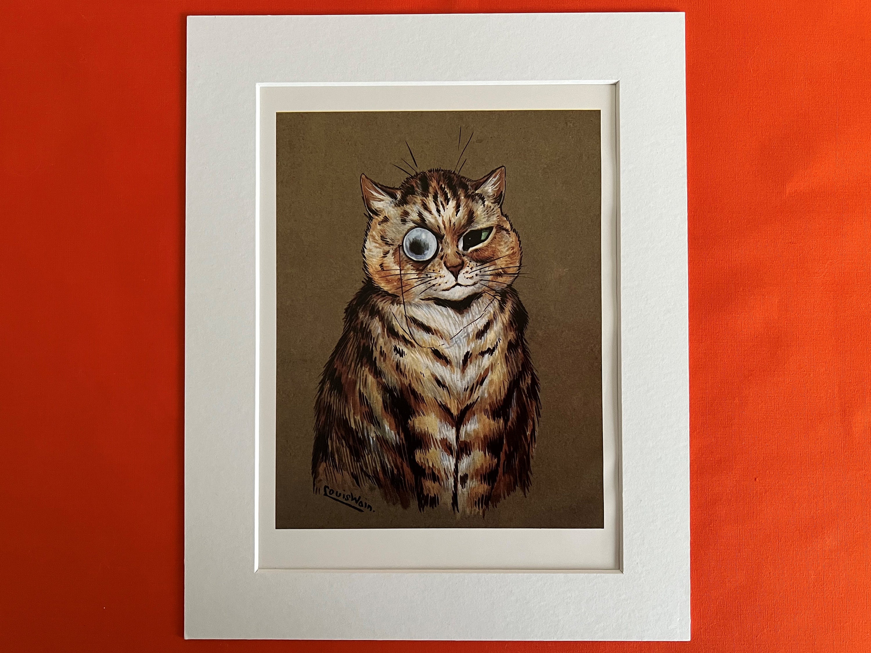 Vintage mounted coloured coloured Louis Wain cat print - cricket