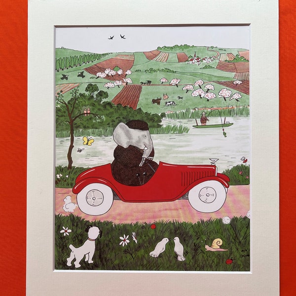 Babar the Elephant in his red car Print mounted upcyced book page vintage