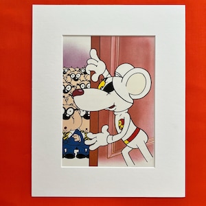 May include: A white cartoon mouse wearing a red and white suit and a black eye mask peeks around a door. The mouse is looking at a group of cartoon mice wearing glasses and suits.