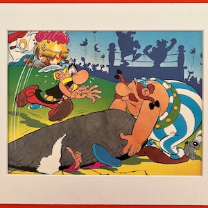May include: A cartoon illustration of a comic book scene featuring two characters. One character is a large, muscular man with a beard and a blue and white striped shirt. He is lifting a large rock. The other character is a smaller man with a yellow shirt and a red hat. He is running away from the rock. The background is a blue sky with clouds.