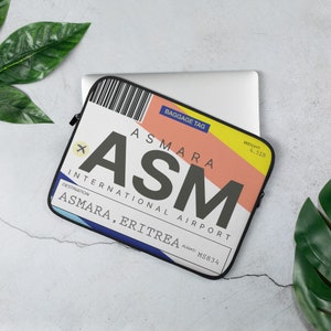 ASM Asmara Airport Tag Laptop Sleeve for MacBook 15, MacBook pro 13, surface, Lenovo, Dell, Kuu, HP, Microsoft laptop case, Eritrean gift