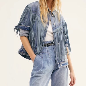 Free People “After Hours Fringe Denim Jacket”