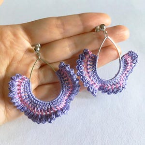 Crochet Statement Earrings: Lilac & Pink Cotton Boho Jewelry, lightweitht dangle