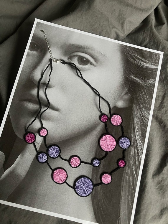 Crochet Polka Dots Necklace, double layered necklace - Shimade Jewelry
