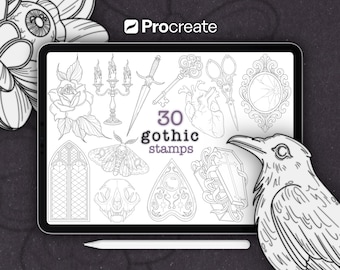 Könnte beinhalten: Digitale Illustration auf einem Tablet mit 30 Gothic-Stempeln. Die Stempel zeigen eine Rose, einen Kerzenleuchter, ein Schwert, einen Schlüssel, eine Schere, ein Herz, einen Spiegel, ein Fenster, eine Motte, einen Schädel, ein Ouija-Brett und einen Sarg.