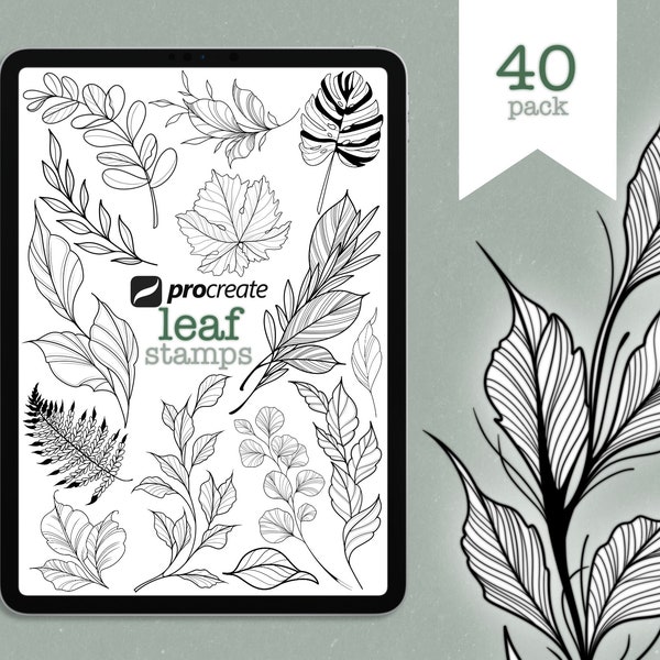 Procreate | 40 Stamp Leaf Set | Digital Download | Tattoo Stamp/Brushes | Leaves | Tattoo | Nature | Fine line | Only for Procreate