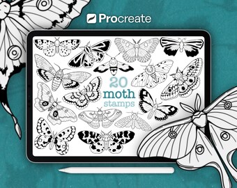 May include: A digital art illustration on a tablet featuring 20 moth stamps. The moths are black and white line drawings with various wing patterns. The tablet is on a teal background with a stylus. The Procreate logo is in the top right corner.