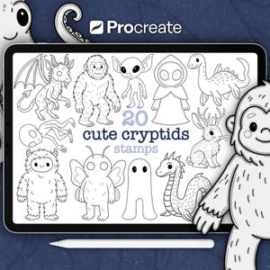 May include: A digital illustration on a tablet featuring 20 cute cryptids stamps. The stamps include various creatures like a Bigfoot, a dragon, and a bunny. The tablet is white with a black border, and a stylus is at the bottom.