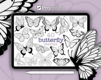 Procreate Butterfly Stempel Set • 40 Stück • Fine Line Schmetterling Illustration Stempel (Digitaler Download)