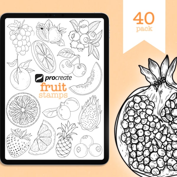 Procreate | 40 Fruit Stamp Set | Digital Download | Tattoo Stamp/Brushes | Fruits | Tattoo | Food | Fine line | ONLY FOR PROCREATE