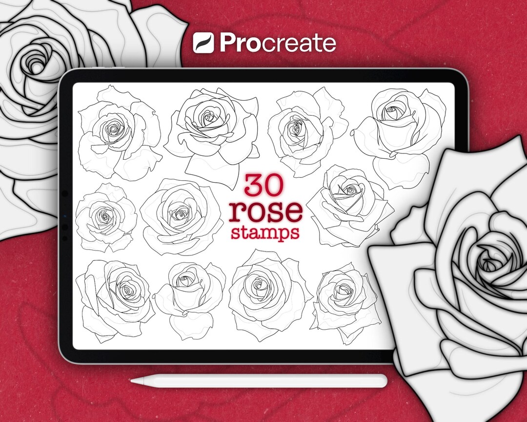 Procreate Rose Stamp Set • 30 Pack • Fine Line Rose Illustration Stamps ...