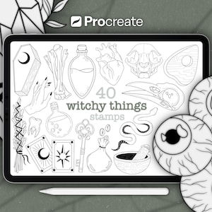 Set de sellos "Cosas de bruja" de Procreate • Paquete de 40 • Sellos de línea fina con ilustraciones de brujas (Descarga digital)