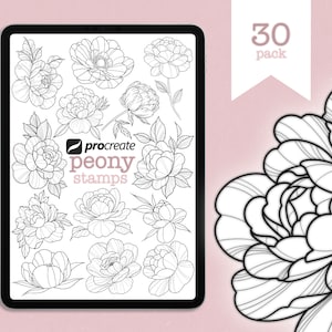 Procreate | 30 Stamp Peony Set | Digital Download | Tattoo Stamps/Brushes | Flower | Tattoo | Peony | Fine line | Only for Procreate