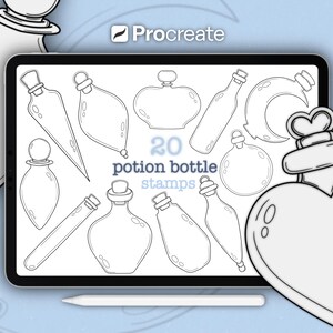 May include: A digital illustration on a tablet featuring 20 potion bottle stamps. The bottles are in various shapes and sizes, with a white stylus at the bottom. The Procreate logo is in the top right corner.