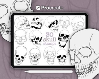 Procreate Skull Stamp Set • 30 Pack • Fine Line Skull Illustration Stamps (Digital Download)