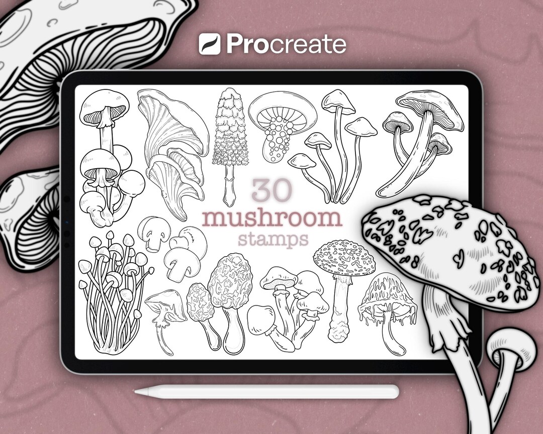 Procreate Mushroom Stamp Set • 30 Pack • Fine Line Fungi Illustration ...