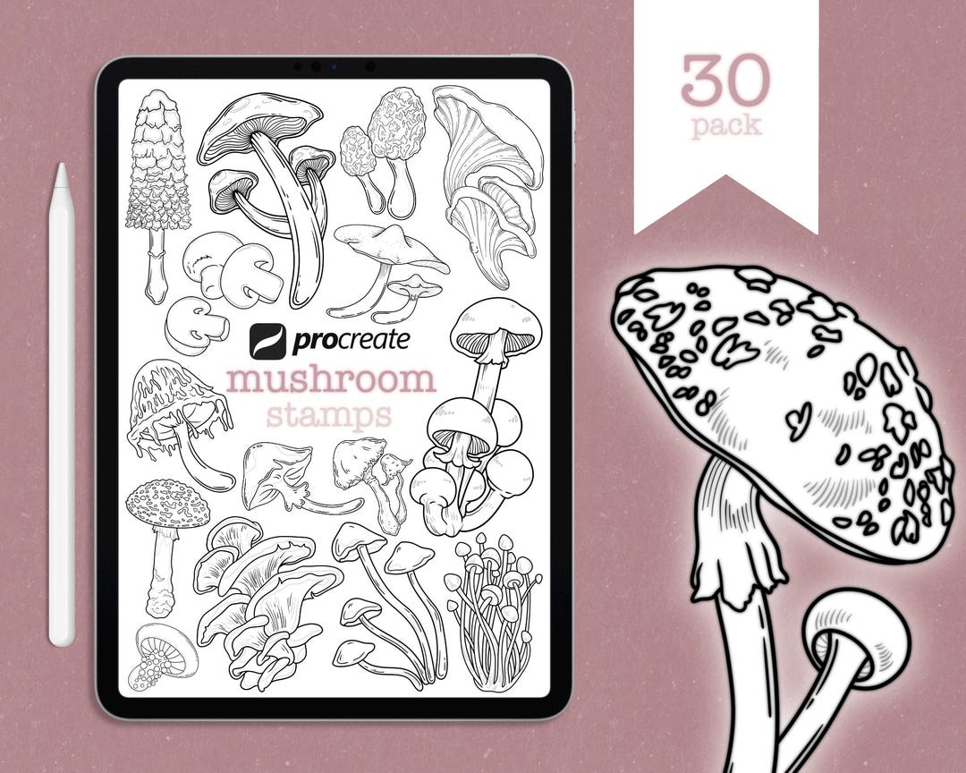 Procreate | 30 Mushroom Stamp Set | Digital Download | Tattoo Stamp ...