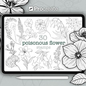 Procreate Poisonous Flower Stamp Set • 30 Pack • Fine Line Flower Illustration Stamps (Digital Download)